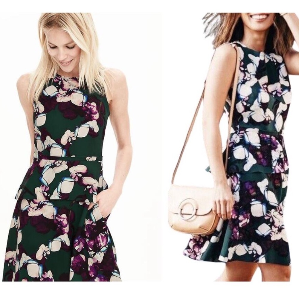Banana Republic Sleeveless Double Layered Floral Peplum Mini Dress green 10 - Picture 14 of 14